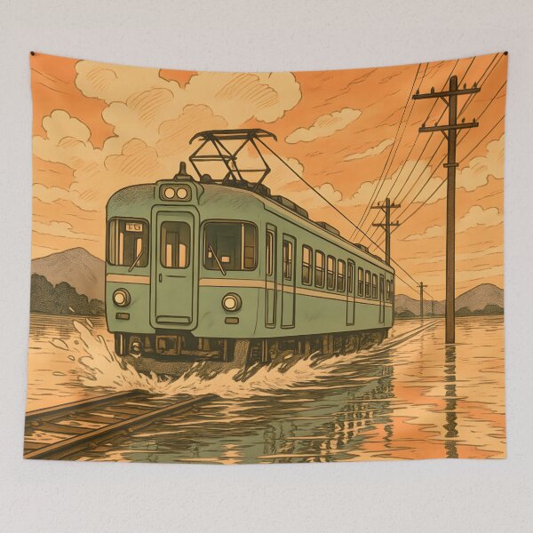 Item preview, Retro Japanese Train in Sunset – Scenic Railway Art with Nostalgic Vibes designed and sold by AbstractAuraArt.