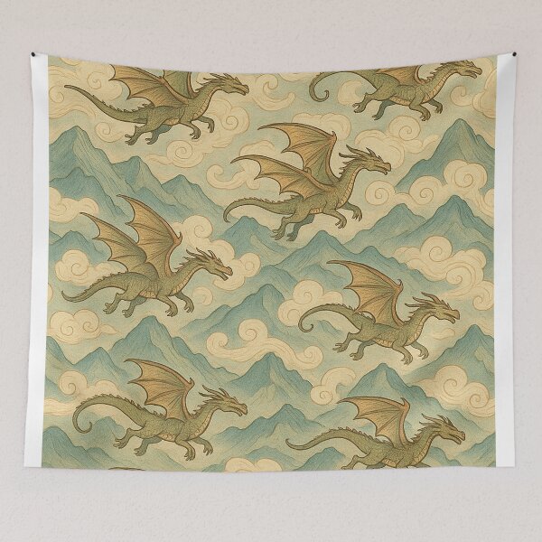 Item preview, Whimsical Dragons Green Mountains and Clouds designed and sold by alw951.