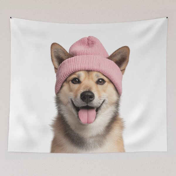 Item preview, Cozy Norwegian buhund dog Wearing Pink Winter Hat Trendy Animal Fashion Artwork designed and sold by LazyOwlStore.