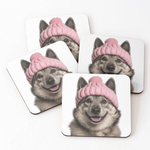 Item preview, Cozy Norwegian Elkhound dog Wearing Pink Winter Hat Trendy Animal Fashion Artwork designed and sold by LazyOwlStore.