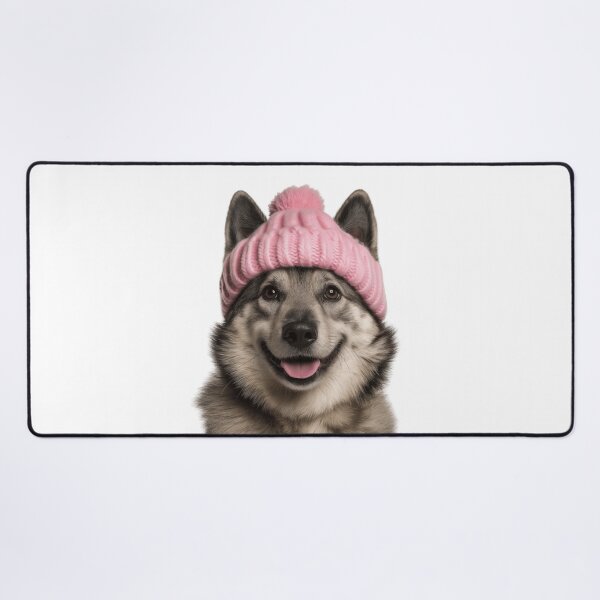 Item preview, Cozy Norwegian Elkhound dog Wearing Pink Winter Hat Trendy Animal Fashion Artwork designed and sold by LazyOwlStore.