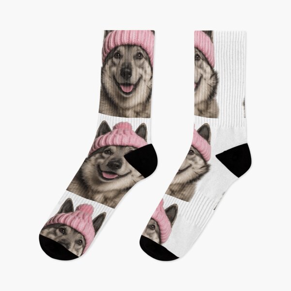 Item preview, Cozy Norwegian Elkhound dog Wearing Pink Winter Hat Trendy Animal Fashion Artwork designed and sold by LazyOwlStore.