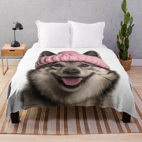Item preview, Cozy Norwegian Elkhound dog Wearing Pink Winter Hat Trendy Animal Fashion Artwork designed and sold by LazyOwlStore.