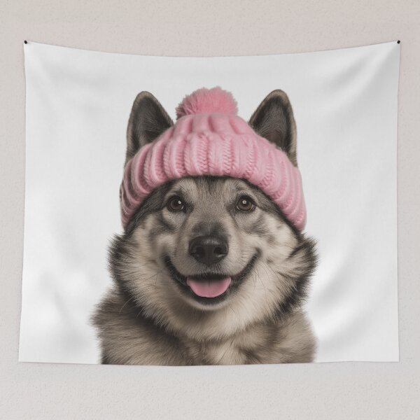 Item preview, Cozy Norwegian Elkhound dog Wearing Pink Winter Hat Trendy Animal Fashion Artwork designed and sold by LazyOwlStore.