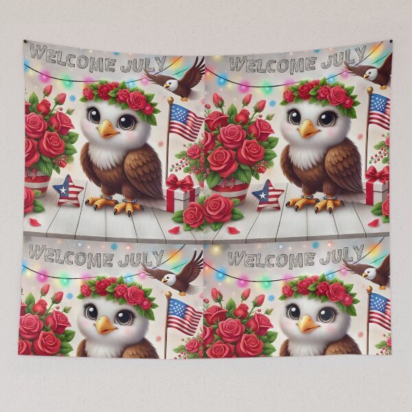 Item preview, Welcome July – Cute Patriotic Design with Eagle, American Flag and Red Roses designed and sold by EmeraldeaArt.