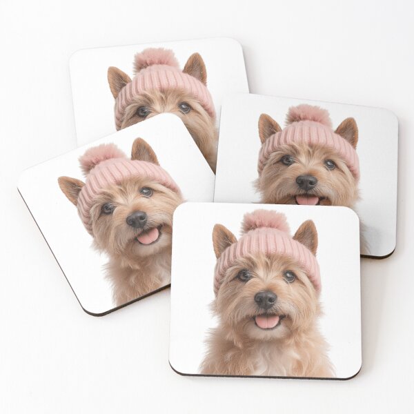Item preview, Cozy Norwich Terrier dog Wearing Pink Winter Hat Trendy Animal Fashion Artwork designed and sold by LazyOwlStore.