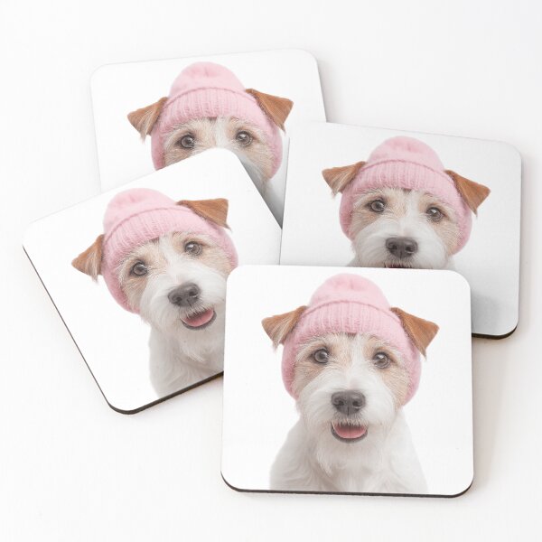 Item preview, Cozy Parson Russell Terrier dog Wearing Pink Winter Hat Trendy Animal Fashion Artwork designed and sold by LazyOwlStore.
