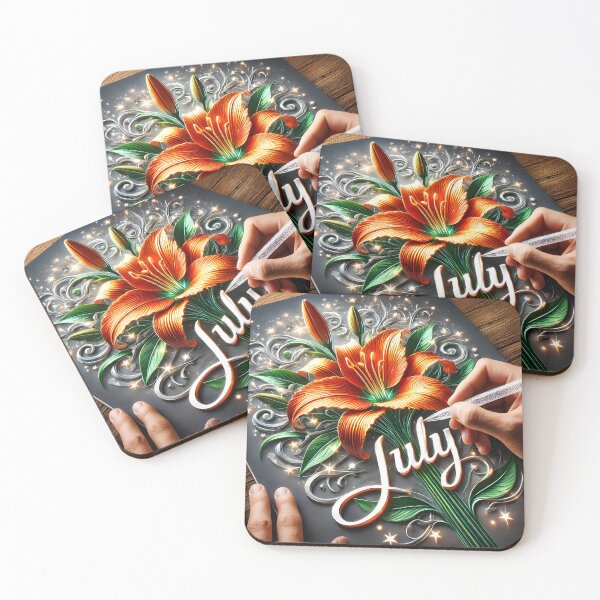 Item preview, July 3D Sketch with Fire Lily Fantasy – Artist Hand Engraving Sparkling Letters designed and sold by EmeraldeaArt.