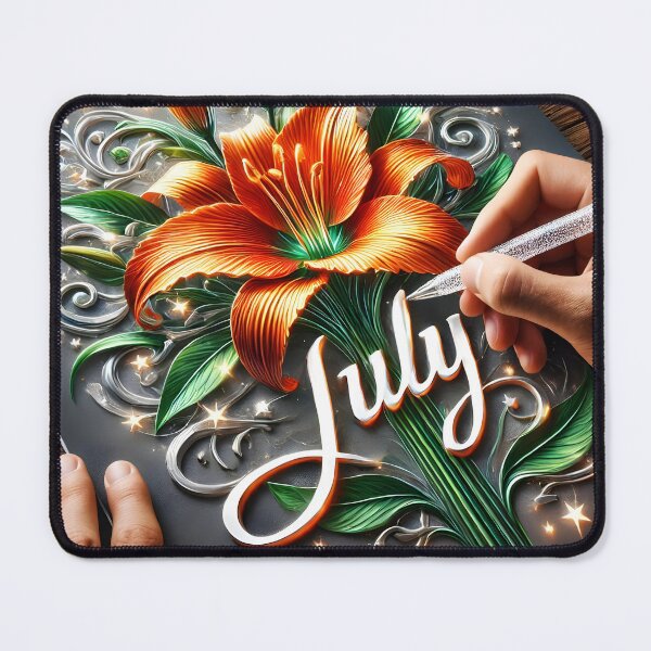 Item preview, July 3D Sketch with Fire Lily Fantasy – Artist Hand Engraving Sparkling Letters designed and sold by EmeraldeaArt.