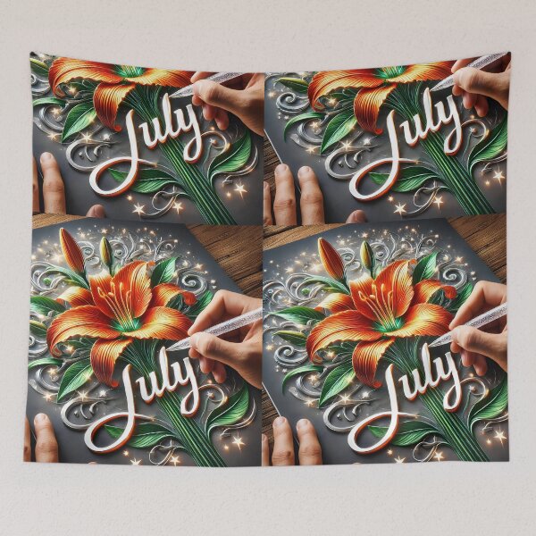 Item preview, July 3D Sketch with Fire Lily Fantasy – Artist Hand Engraving Sparkling Letters designed and sold by EmeraldeaArt.