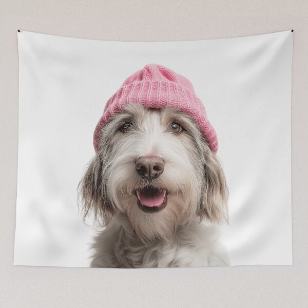 Item preview, Cozy Petit Basset Griffon Vendéen dog Wearing Pink Winter Hat Trendy Animal Fashion Artwork designed and sold by LazyOwlStore.