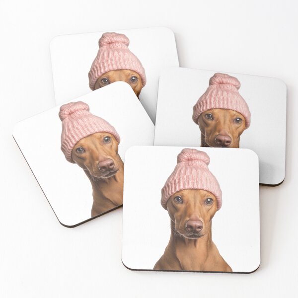 Item preview, Cozy Pharaoh Hound dog Wearing Pink Winter Hat Trendy Animal Fashion Artwork designed and sold by LazyOwlStore.