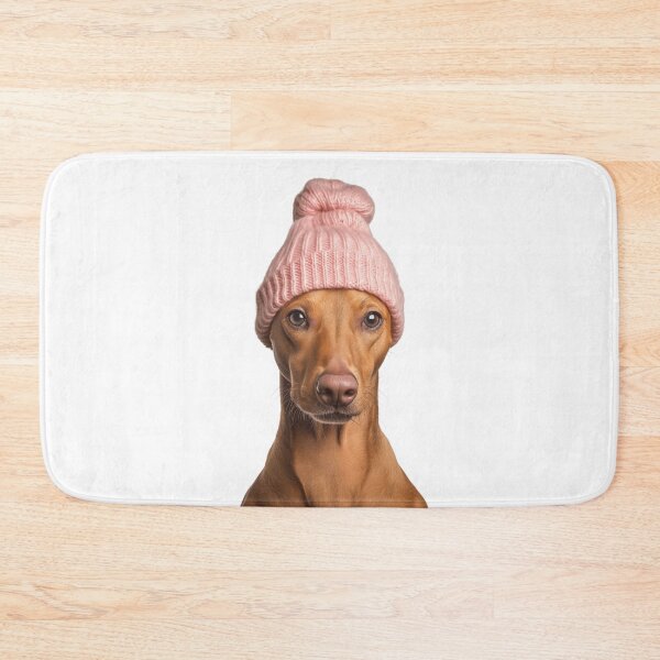 Item preview, Cozy Pharaoh Hound dog Wearing Pink Winter Hat Trendy Animal Fashion Artwork designed and sold by LazyOwlStore.
