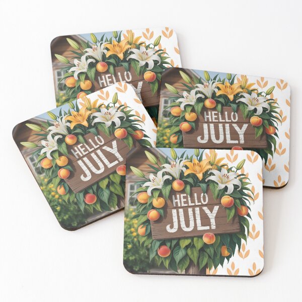 Item preview, Hello July – Wooden Sign with Apricots and Lilies designed and sold by EmeraldeaArt.