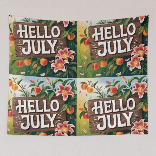 Item preview, Sunny July Welcome – Rustic Wood Sign with Lilies and Ripe Apricots designed and sold by EmeraldeaArt.