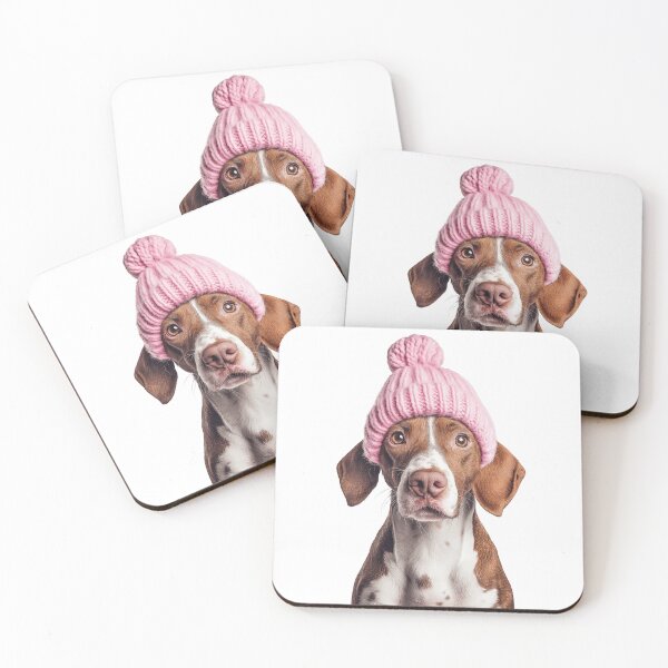 Item preview, Cozy Pointer dog Wearing Pink Winter Hat Trendy Animal Fashion Artwork designed and sold by LazyOwlStore.