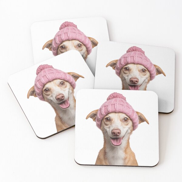 Item preview, Cozy Portuguese Podengo dog Wearing Pink Winter Hat Trendy Animal Fashion Artwork designed and sold by LazyOwlStore.