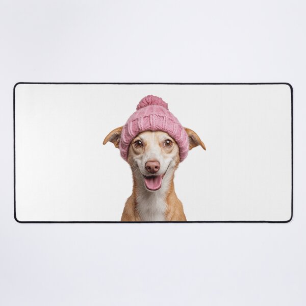 Item preview, Cozy Portuguese Podengo dog Wearing Pink Winter Hat Trendy Animal Fashion Artwork designed and sold by LazyOwlStore.