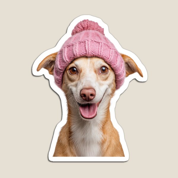 Item preview, Cozy Portuguese Podengo dog Wearing Pink Winter Hat Trendy Animal Fashion Artwork designed and sold by LazyOwlStore.