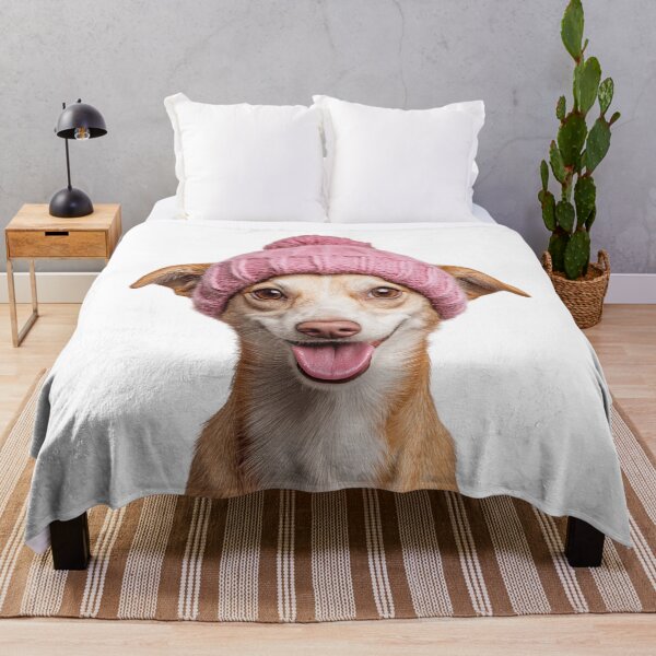 Item preview, Cozy Portuguese Podengo dog Wearing Pink Winter Hat Trendy Animal Fashion Artwork designed and sold by LazyOwlStore.