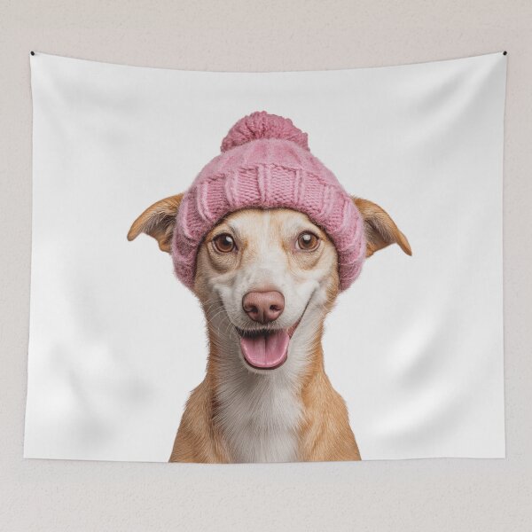Item preview, Cozy Portuguese Podengo dog Wearing Pink Winter Hat Trendy Animal Fashion Artwork designed and sold by LazyOwlStore.
