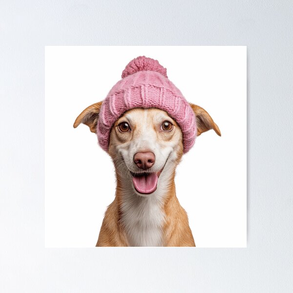 Item preview, Cozy Portuguese Podengo dog Wearing Pink Winter Hat Trendy Animal Fashion Artwork designed and sold by LazyOwlStore.