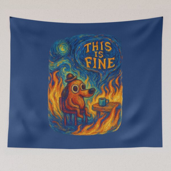 Item preview, This is Fine Meme x Van Gogh - Starry Night Inspired Fire Dog Art designed and sold by GirlyPopped.