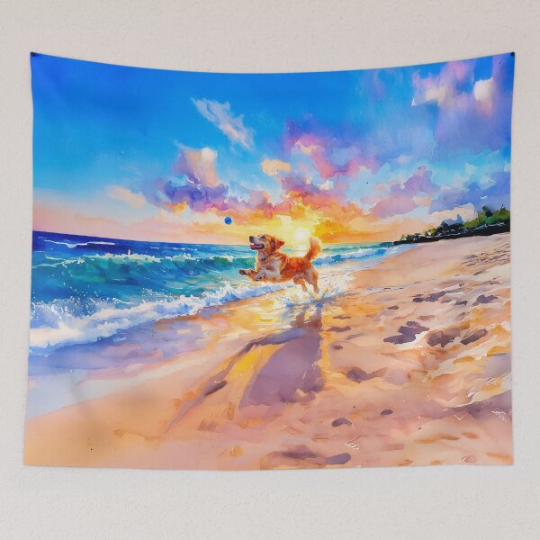 Item preview, Dog playing at the Beach designed and sold by ArtFactoryAI.