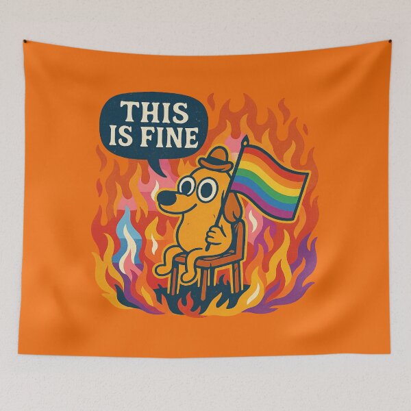 Item preview, This is Fine Meme with Pride Flag - LGBTQ+ Inclusive Fire Dog Art designed and sold by GirlyPopped.