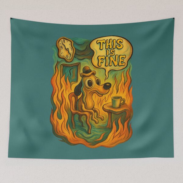 Item preview, This Is Fine - Surrealist Melting Clock and Dog Meme in Flames designed and sold by GirlyPopped.