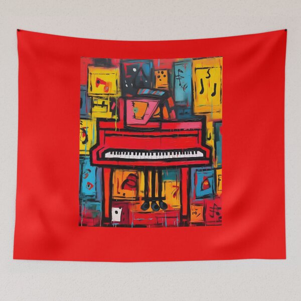 Item preview, Vibrant Red Piano Amidst a Colorful Symphony of Abstract Shapes and Musical Notes designed and sold by OlfactoART Studio.
