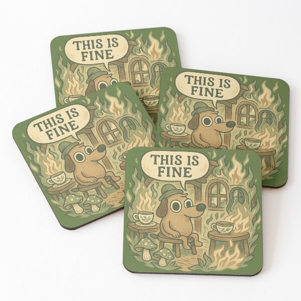 Item preview, This Is Fine - Cozy Cabin Fire with Calm Dog and Tea Cups designed and sold by GirlyPopped.