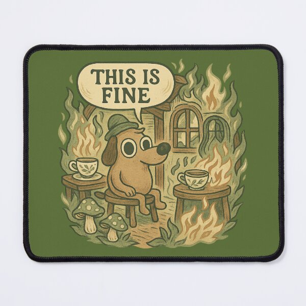 Item preview, This Is Fine - Cozy Cabin Fire with Calm Dog and Tea Cups designed and sold by GirlyPopped.