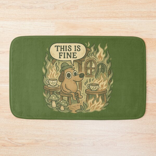 Item preview, This Is Fine - Cozy Cabin Fire with Calm Dog and Tea Cups designed and sold by GirlyPopped.