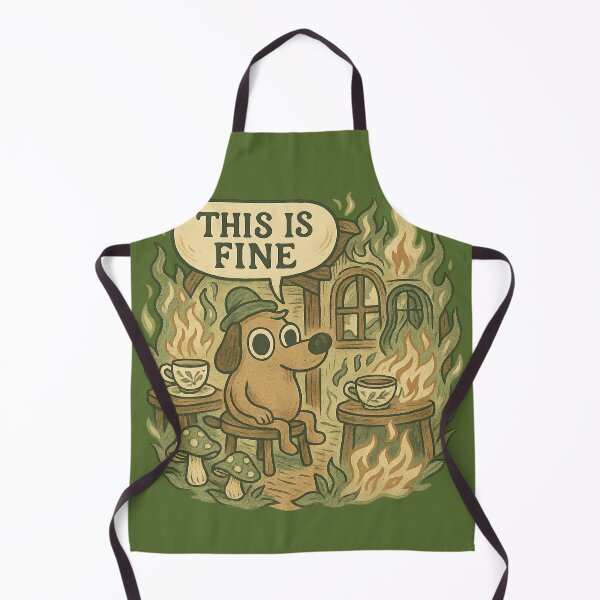 Item preview, This Is Fine - Cozy Cabin Fire with Calm Dog and Tea Cups designed and sold by GirlyPopped.