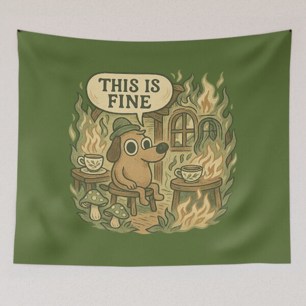 Item preview, This Is Fine - Cozy Cabin Fire with Calm Dog and Tea Cups designed and sold by GirlyPopped.