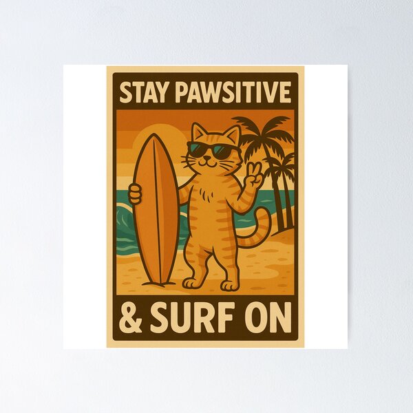 Artikelvorschau, Stay Pawsitive Cat – Lustiges Surfing Cat Design entworfen und verkauft von Nexavri Art.