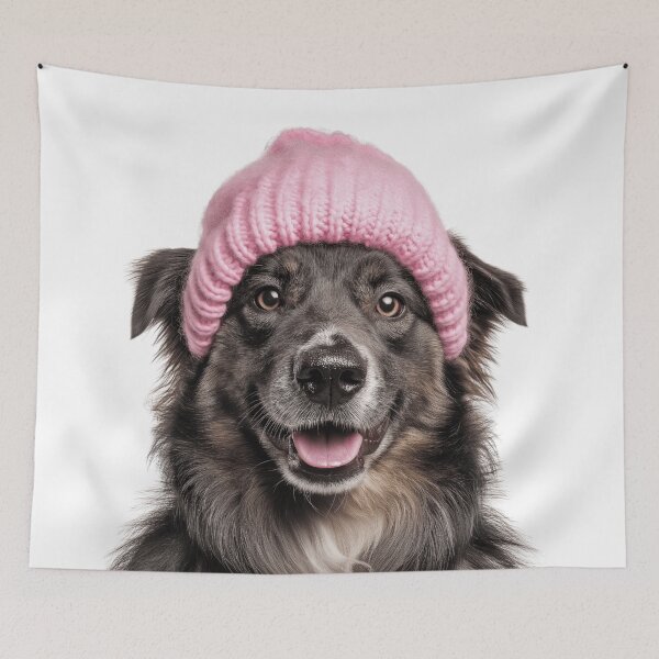 Item preview, Cozy Pyrenean Shepherd dog Wearing Pink Winter Hat Trendy Animal Fashion Artwork designed and sold by LazyOwlStore.