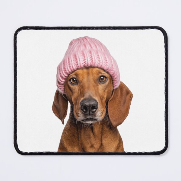 Item preview, Cozy Redbone Coonhound dog Wearing Pink Winter Hat Trendy Animal Fashion Artwork designed and sold by LazyOwlStore.