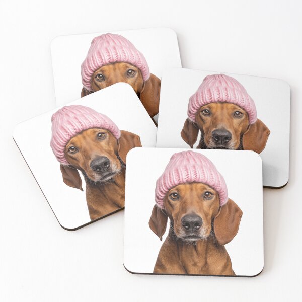 Item preview, Cozy Redbone Coonhound dog Wearing Pink Winter Hat Trendy Animal Fashion Artwork designed and sold by LazyOwlStore.
