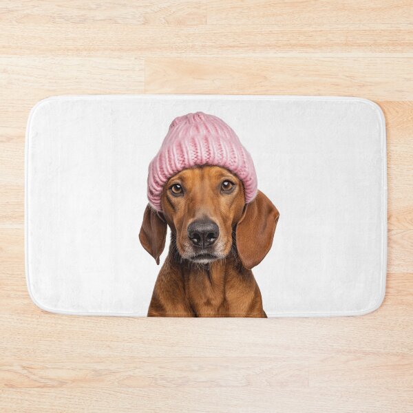 Item preview, Cozy Redbone Coonhound dog Wearing Pink Winter Hat Trendy Animal Fashion Artwork designed and sold by LazyOwlStore.