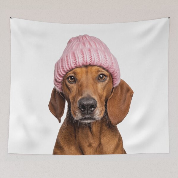 Item preview, Cozy Redbone Coonhound dog Wearing Pink Winter Hat Trendy Animal Fashion Artwork designed and sold by LazyOwlStore.