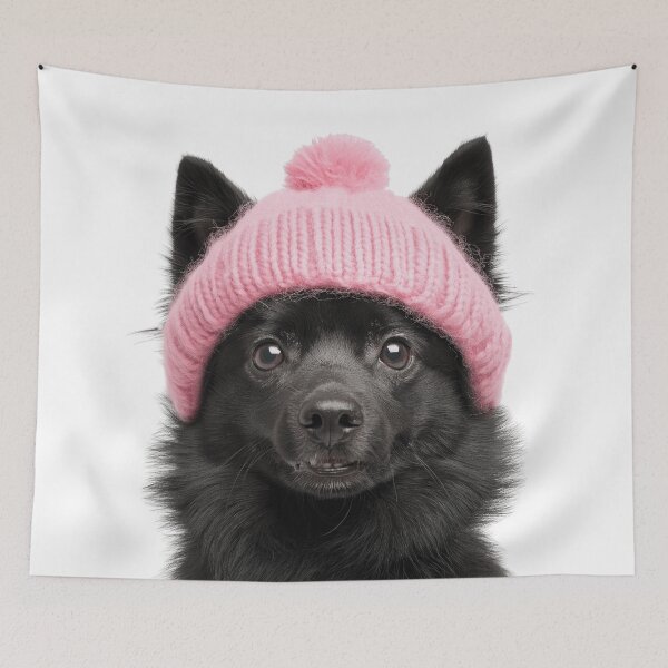 Item preview, Cozy Schipperke dog Wearing Pink Winter Hat Trendy Animal Fashion Artwork designed and sold by LazyOwlStore.