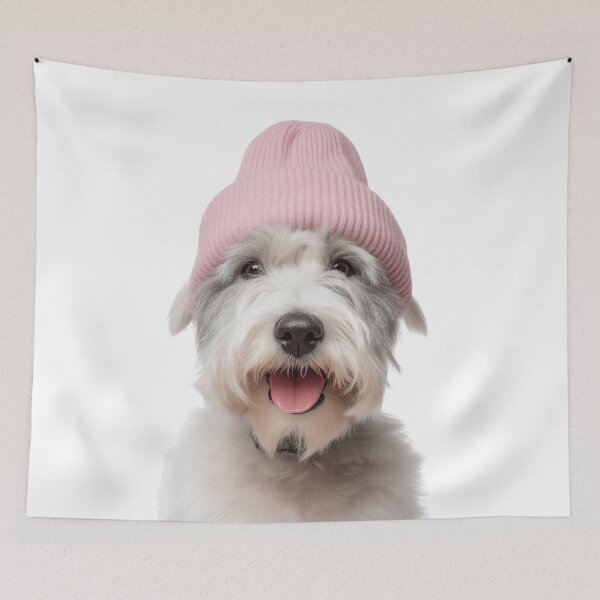 Item preview, Cozy Sealyham Terrier dog Wearing Pink Winter Hat Trendy Animal Fashion Artwork designed and sold by LazyOwlStore.
