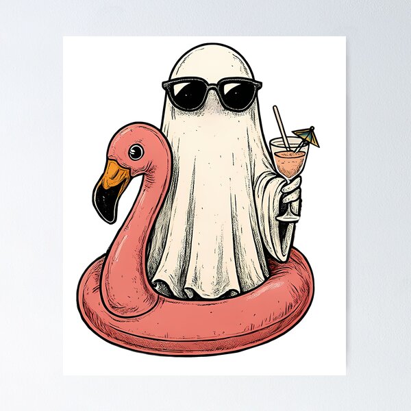Item preview, Funny Summerween Ghost Shirt – Ghost in Sunglasses with Flamingo Floatie and Cocktail designed and sold by ElCrocodel.