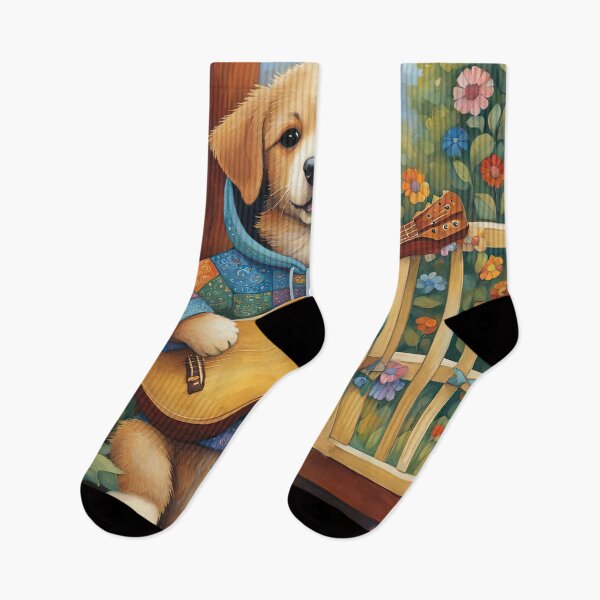 Item preview, Folk Art Puppy patchwork Hoodie playing a Banjo designed and sold by Colin Bentham.