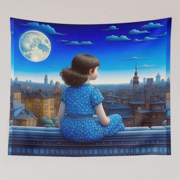 Item preview, Little Girl Dreams In The Moonlight Sitting on The Roof, Fabulous Illustration. designed and sold by LanaGustavsson.