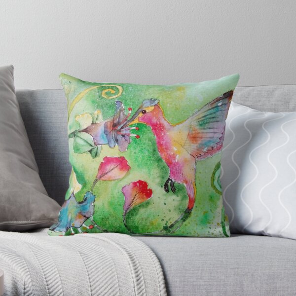 Hummingbird Watercolor In Greens And Fuchsia Throw Pillow