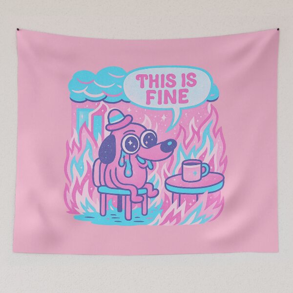 Item preview, This Is Fine Pastel Meme Dog — Cute Tears & Fire, Neon Pink & Blue Cartoon Art designed and sold by GirlyPopped.