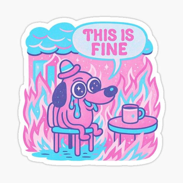 Item preview, This Is Fine Pastel Meme Dog — Cute Tears & Fire, Neon Pink & Blue Cartoon Art designed and sold by GirlyPopped.